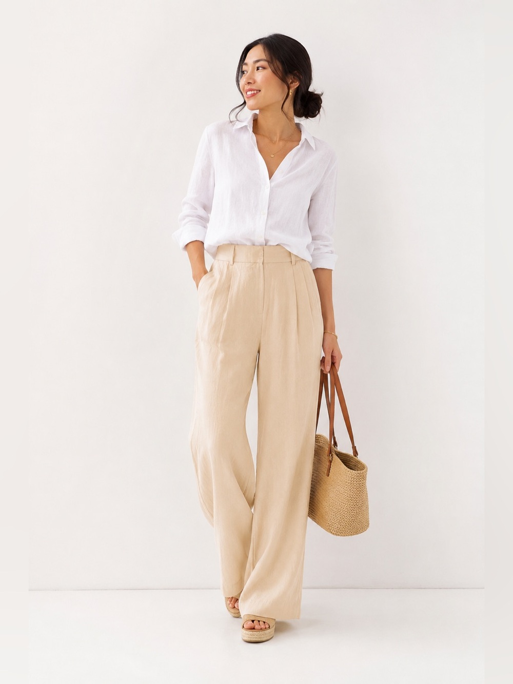 DKNY High Rise Wide Leg Trouser Pants Linen Blend Beige NWT